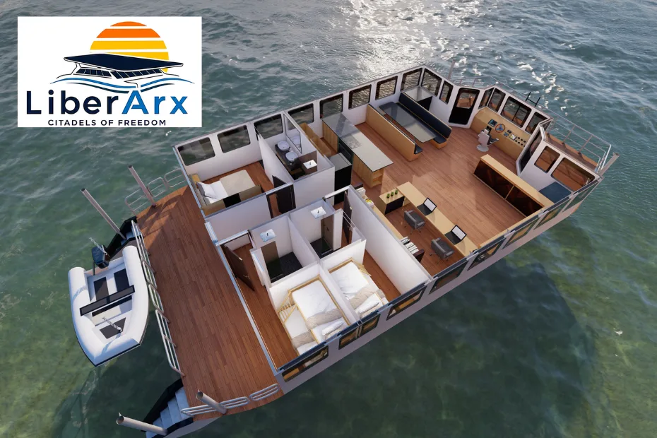 A digital rendering of a catamaran showing the interior split into three bedrooms, living room, kitchenette, with a dinghy attached to the rear.