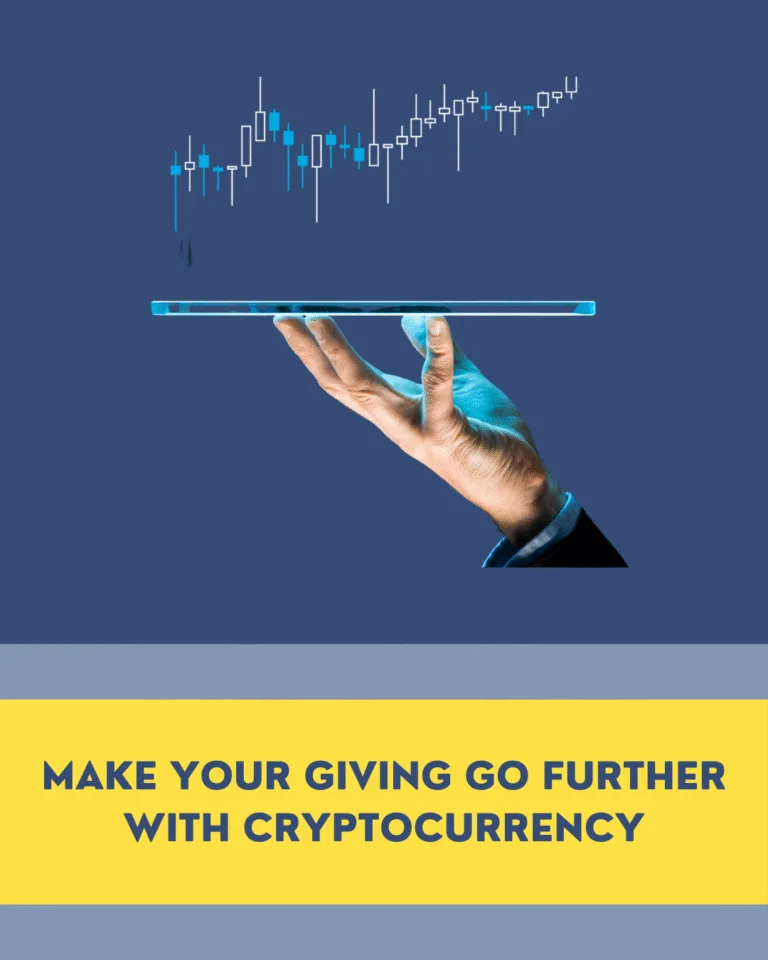 Make your giving go further with cryptocurrency. A hand holds a tablet, crypto value tracker graph floats above.