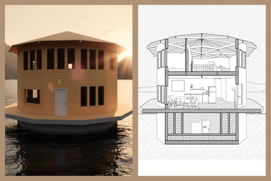 Side-by-side images of a two-storey, hexagonal house floating on the water. On the left, a digital rendering of the exterior of the house at sunset, with five windows, a pitched roof, and a deck surrounding the house. On the right, a drawing of the interior with a bedroom at the top level, kitchen on the surface level, and utility and ballast under the surface of the water.
