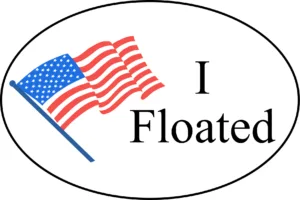 Sticker design of an oval with an American flat and "I Floated"